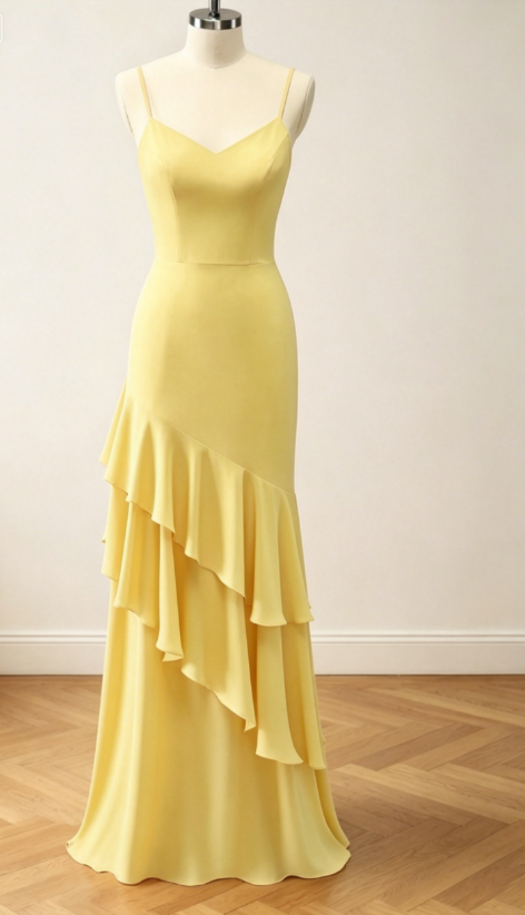 Fashion Yellow Bridesmaid Dress Spaghetti Straps Sheath Long Evening Dress Chiffon Wedding Guest Dress  EW07849