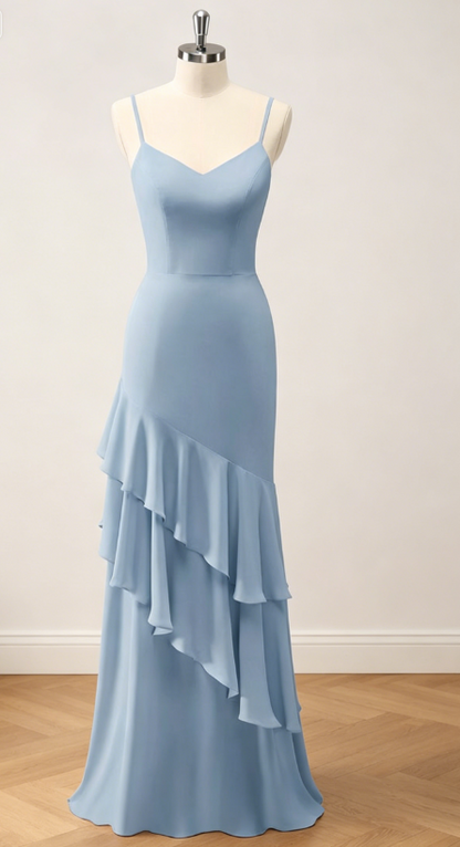 Robe de demoiselle d'honneur jaune tendance à fines bretelles, robe de soirée longue fourreau, robe de mariée en mousseline EW07849