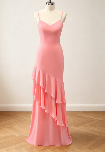 Robe de demoiselle d'honneur jaune tendance à fines bretelles, robe de soirée longue fourreau, robe de mariée en mousseline EW07849