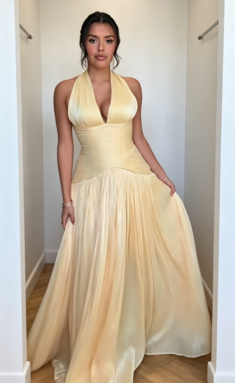 Chic Halter A-Line Chiffon Long Evening Dress Yellow Bridesmaid Dress EW07855