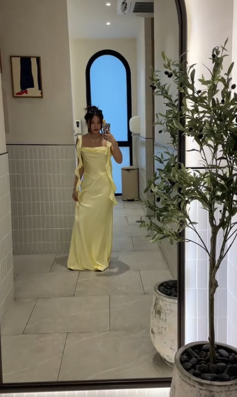 Simple Yellow Bridesmaid Dress Straps Sheath Satin Long Evening Dress  EW07856