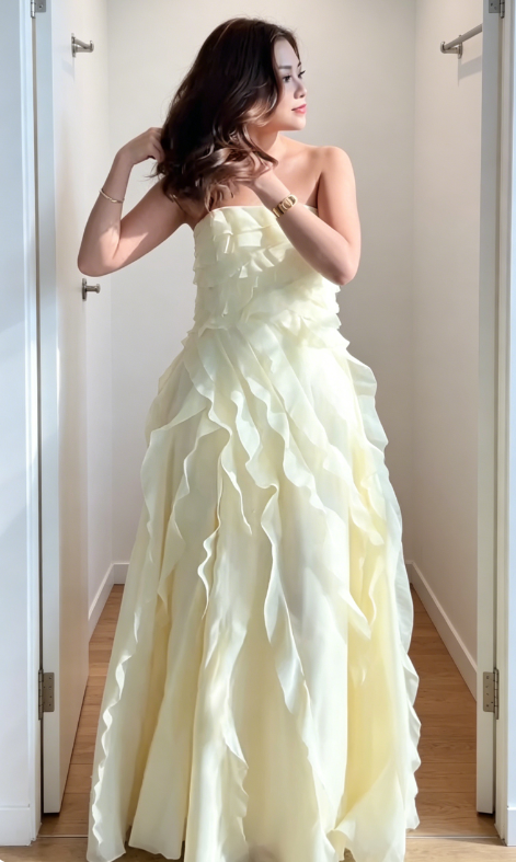 Simple Pastel Yellow Bridesmaid Dress Strapless Sheath Chiffon Long Evening Dress  EW07857