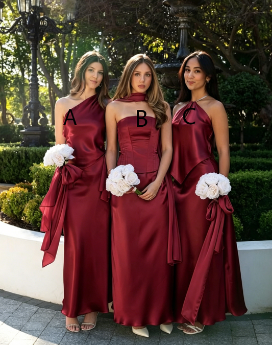 Simple Burgundy Bridesmaid Dress Sheath Satin Long Formal Dress EW07858