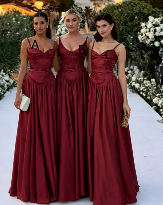 Simple Burgundy Bridesmaid Dress Sheath Satin Long Formal Dress  EW07860