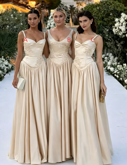 Chic Champagne Bridesmaid Dress Straps Sheath Satin Long Formal Dress  EW07861