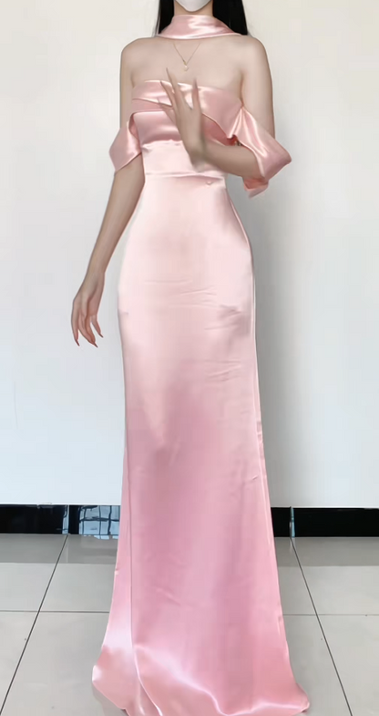 Chic Pink Bridesmaid Dress Off-shoulder Sheath Satin Long Formal Dress EW07862