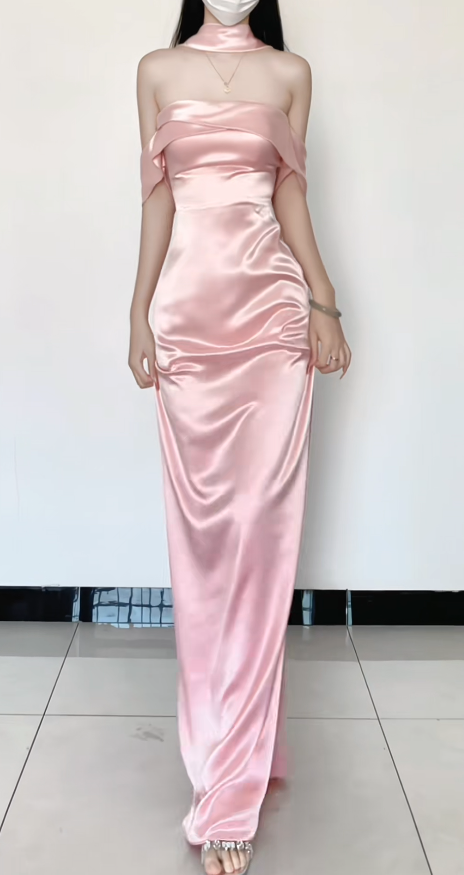 Chic Pink Bridesmaid Dress Off-shoulder Sheath Satin Long Formal Dress EW07862