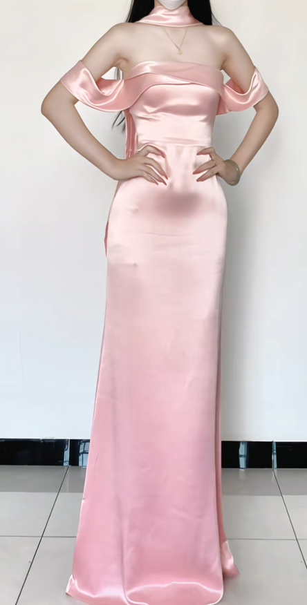 Chic Pink Bridesmaid Dress Off-shoulder Sheath Satin Long Formal Dress EW07862