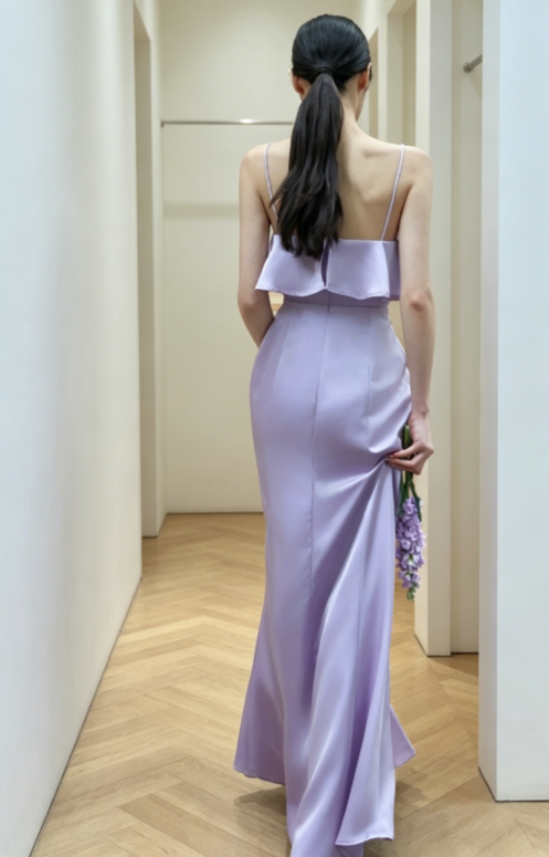 Chic Purple Bridesmaid Dress Spaghetti Straps Sheath Satin Long Formal Dress EW07863