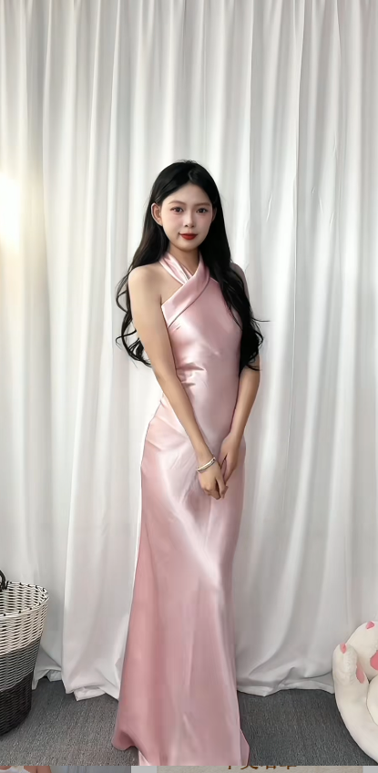 Chic Pink Bridesmaid Dress Halter Sheath Satin Long Formal Dress EW07864