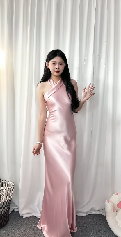 Chic Pink Bridesmaid Dress Halter Sheath Satin Long Formal Dress EW07864