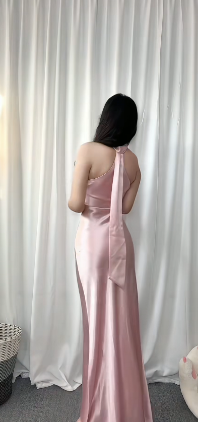 Chic Pink Bridesmaid Dress Halter Sheath Satin Long Formal Dress EW07864