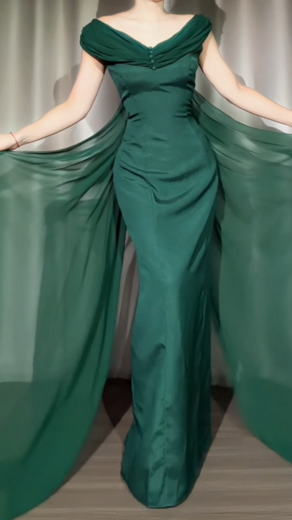 Robe de Soirée Longue de Mariage Vert Chic pour Invitée Col V Fourreau Satin EW07867