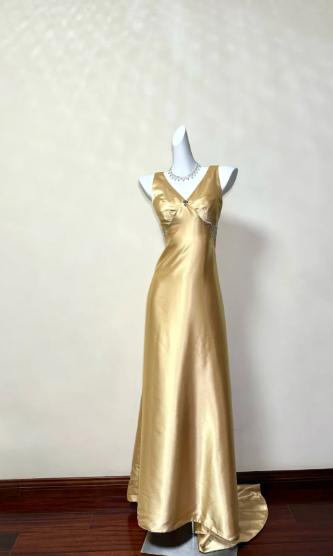 Chic Gold Wedding Guest Dress V-neck A-Line Satin Long Evening Dress EW07868