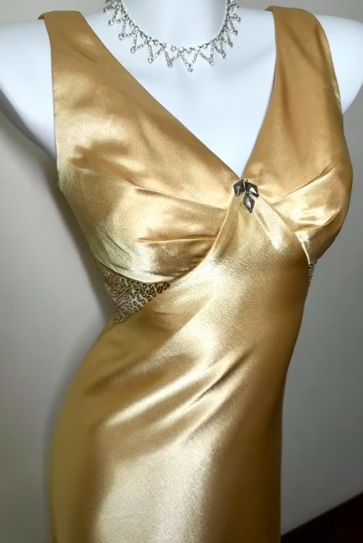 Chic Gold Wedding Guest Dress V-neck A-Line Satin Long Evening Dress EW07868