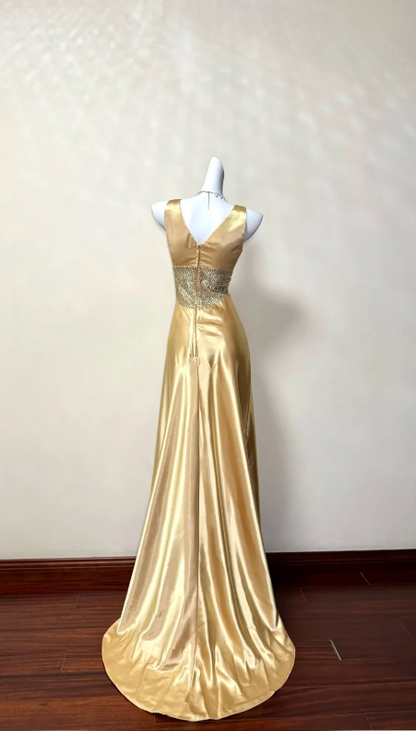 Robe Chic de Soirée de Mariage Dorée, Col en V, Ligne A, Satin Longue EW07868