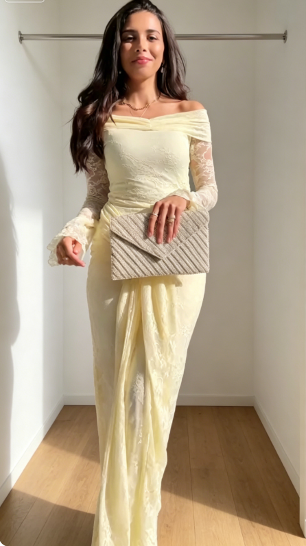 Chic Yellow Wedding Guest Dress Off-shoulder Sheath Lace Long Formal Dress EW07872