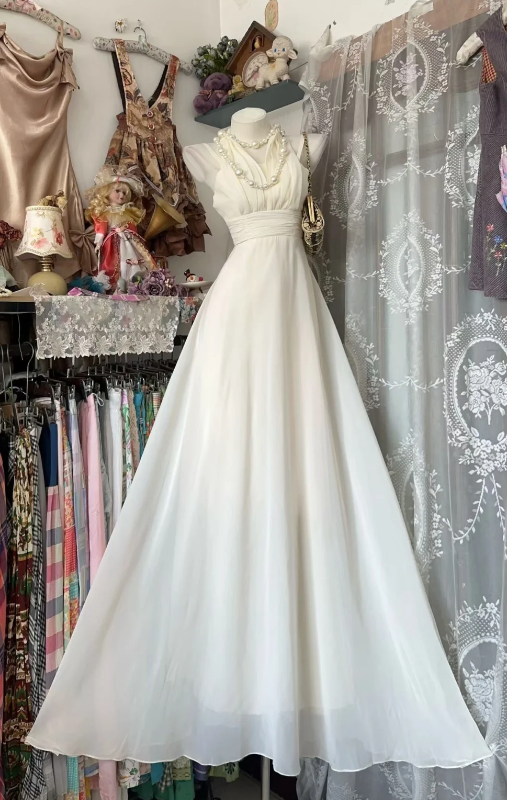 Chic White Wedding Guest Dress Sheath Chiffon Long Formal Dress EW07875
