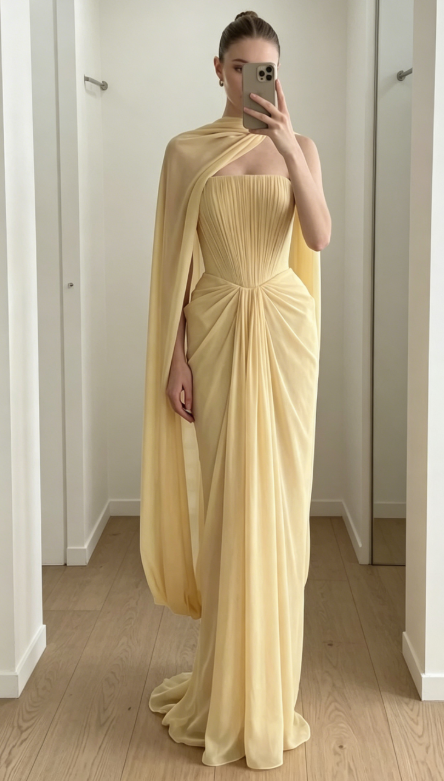 Chic Yellow Wedding Guest Dress Strapless Sheath Chiffon Long Formal Dress EW07876