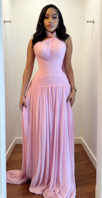 Chic Pink Wedding Guest Dress Halter Sheath Chiffon Long Formal Dress EW07877