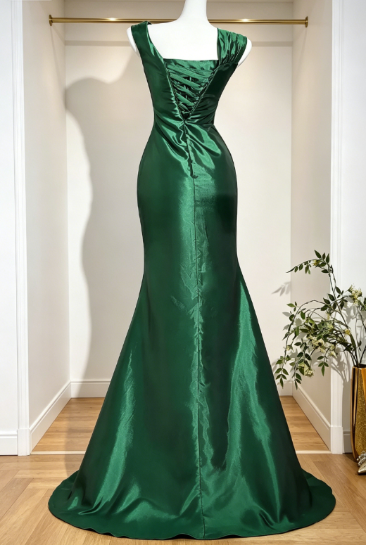 Chic Green Wedding Guest Dress Straps Sheath Satin Long Formal Dress EW07879