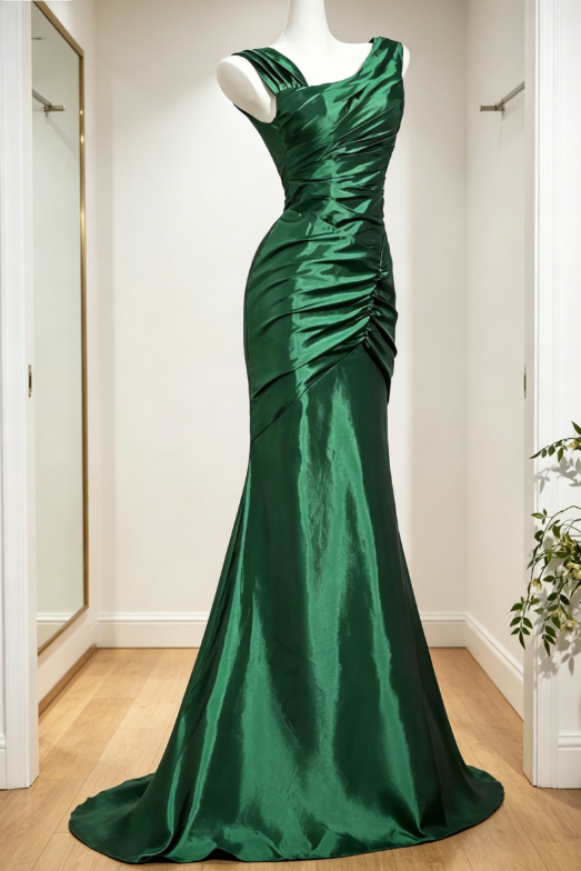 Chic Green Wedding Guest Dress Straps Sheath Satin Long Formal Dress EW07879