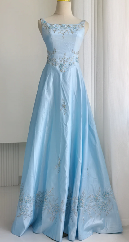 Robe longue de soirée en satin ornée de perles, ligne A, bretelles fines, pour invitée de mariage, couleur bleue chic EW07880