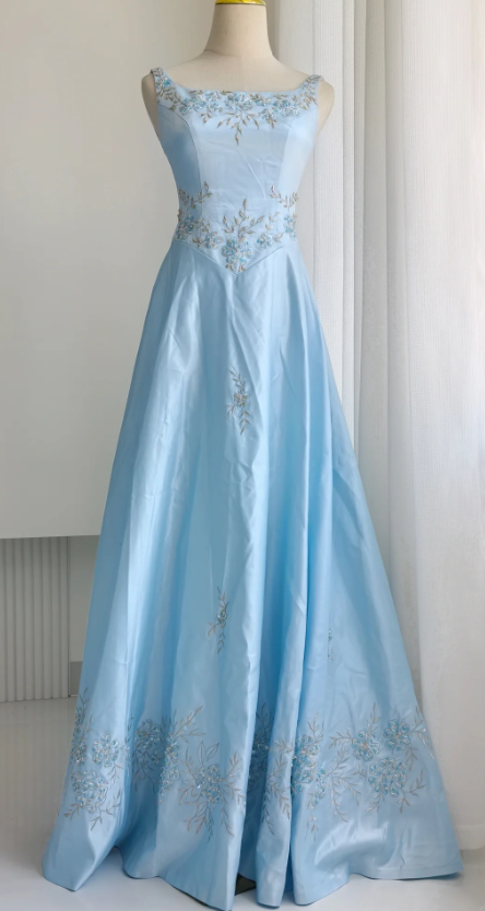 Chic Blue Wedding Guest Dress Straps A-line Beaded Satin Long Formal Dress EW07880