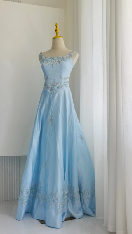 Chic Blue Wedding Guest Dress Straps A-line Beaded Satin Long Formal Dress EW07880