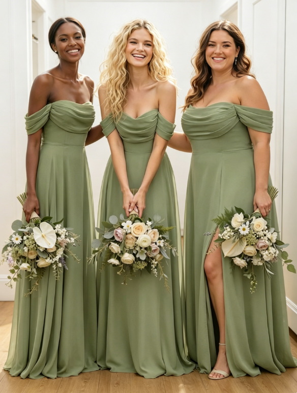 Chic Sage Bridesmaid Dress Off-shoulder Sheath Chiffon Long Formal Dress EW07882