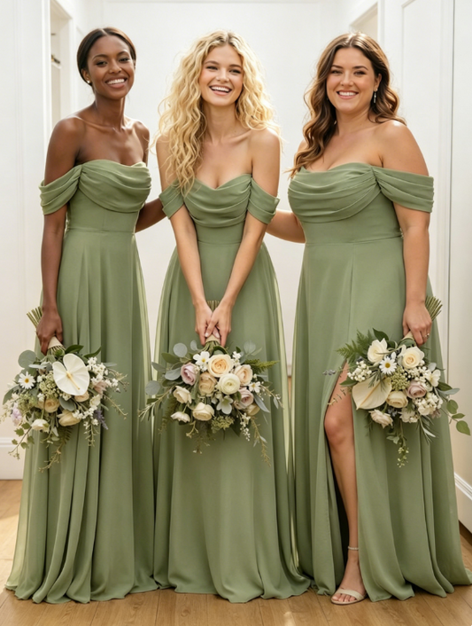 Chic Sage Bridesmaid Dress Off-shoulder Sheath Chiffon Long Formal Dress EW07882