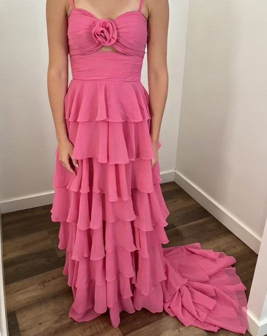 Elegant Pink Wedding Guest Dress Spaghetti Straps Sheath Chiffon Long Formal Dress EW07884