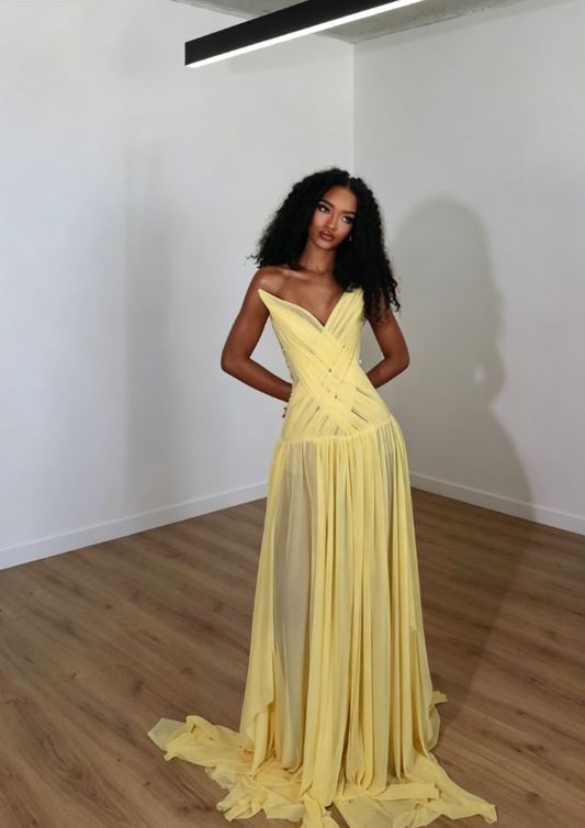Elegant Yellow Wedding Guest Dress Sweetheart Sheath Chiffon Long Formal Dress EW07885