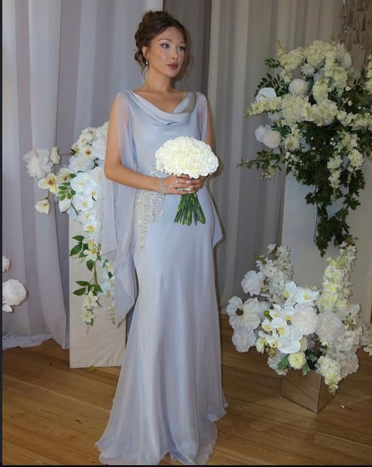 Elegant Blue Bridesmaid Dress V-neck Sheath Chiffon Long Formal Dress EW07888