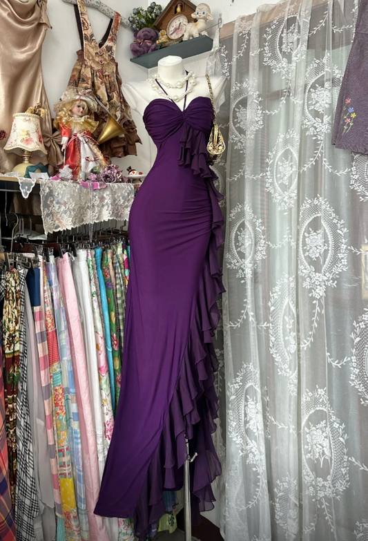 Chic Halter Sheath Chiffon Long Evening Dress Purple Prom Dress EW07890