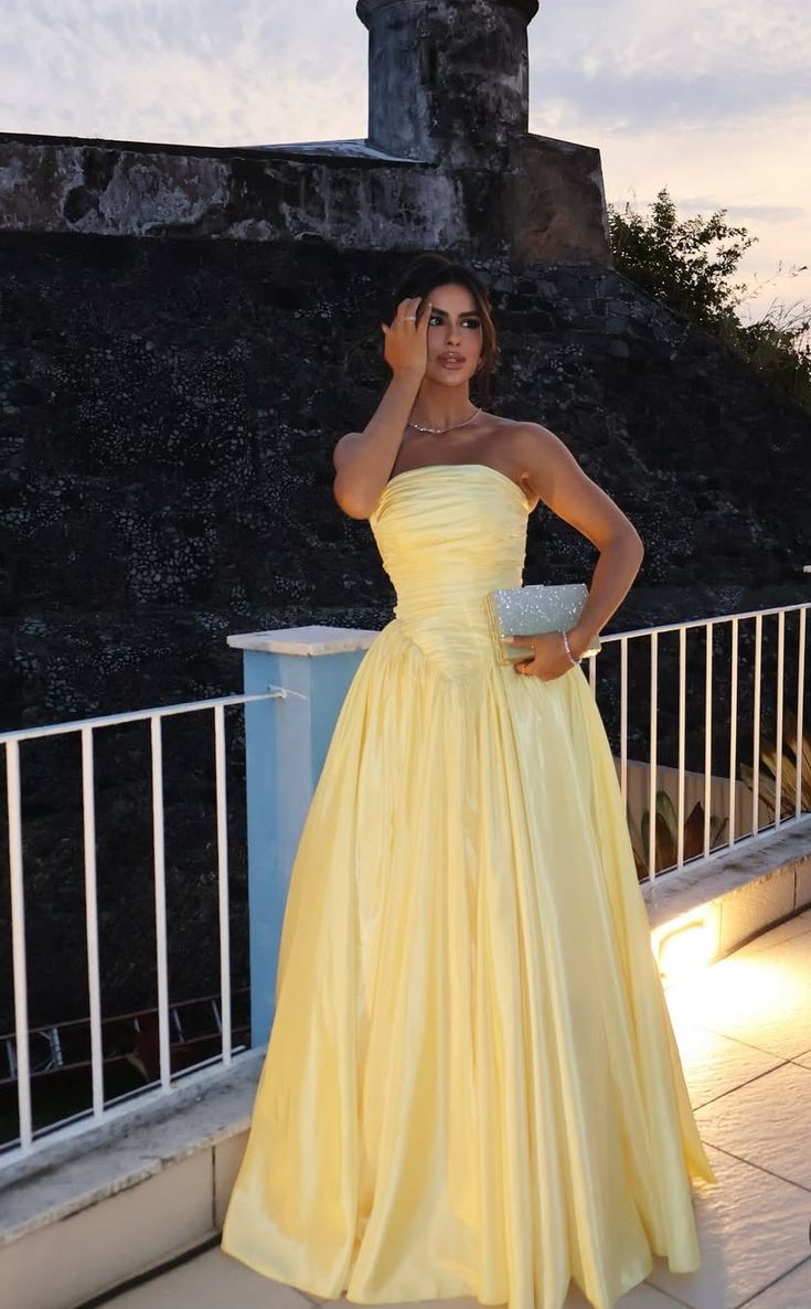Robe longue bustier évasée en satin jaune pour invitée de mariage, robe de soirée formelle EW0801