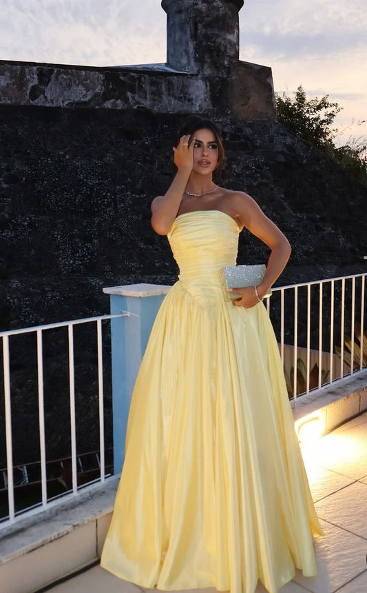 Yellow Dress For Wedding Guest Strapless A-Line Long Evening Dress Satin Formal Dress EW0801