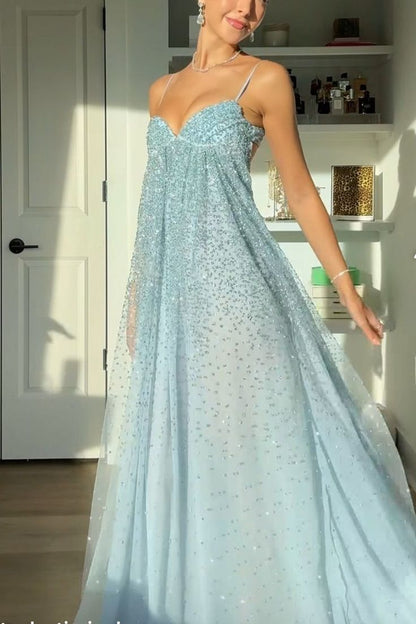 Blaues Kleid für Hochzeitsgäste, Spaghettiträger, A-Linie, langes Abendkleid, Tüll, formelles Kleid EW0802