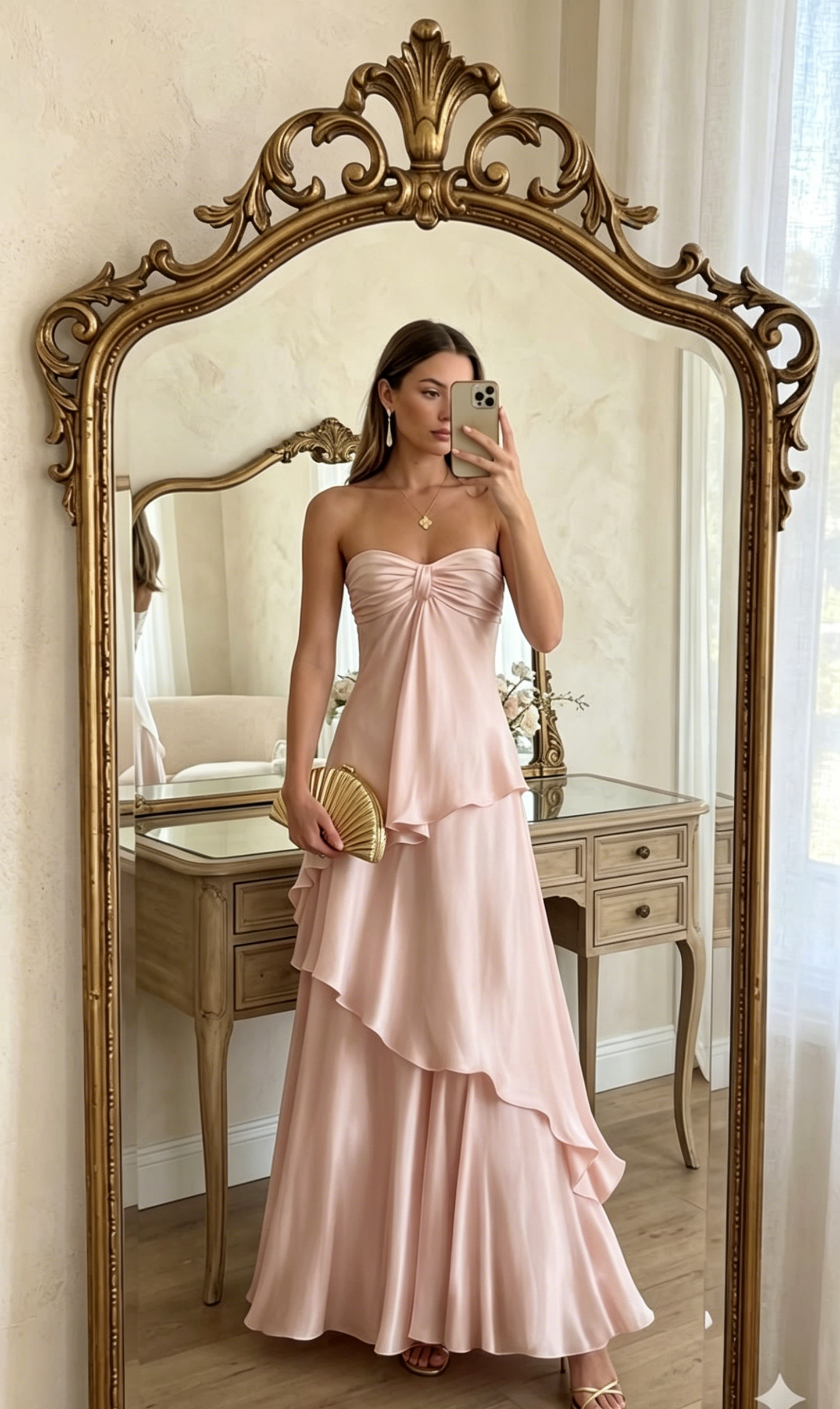Rosa trägerloses A-Linien-Abendkleid aus Satin für Hochzeitsgäste, formelles Kleid EW0804