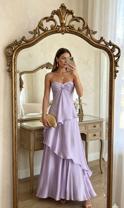 Rosa trägerloses A-Linien-Abendkleid aus Satin für Hochzeitsgäste, formelles Kleid EW0804