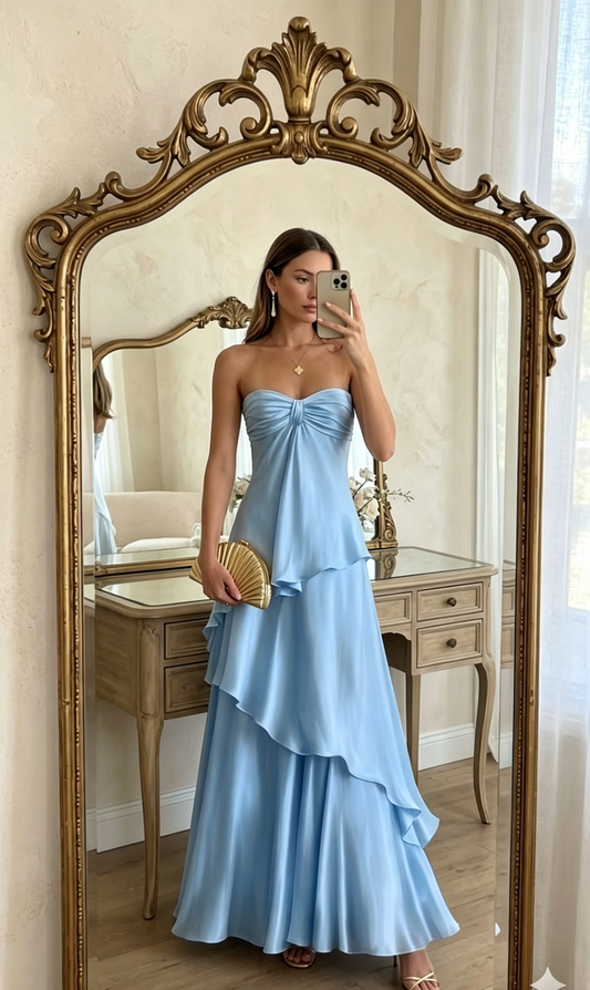 Pink Dress For Wedding Guest Strapless A-Line Long Evening Dress Satin Formal Dress EW0804