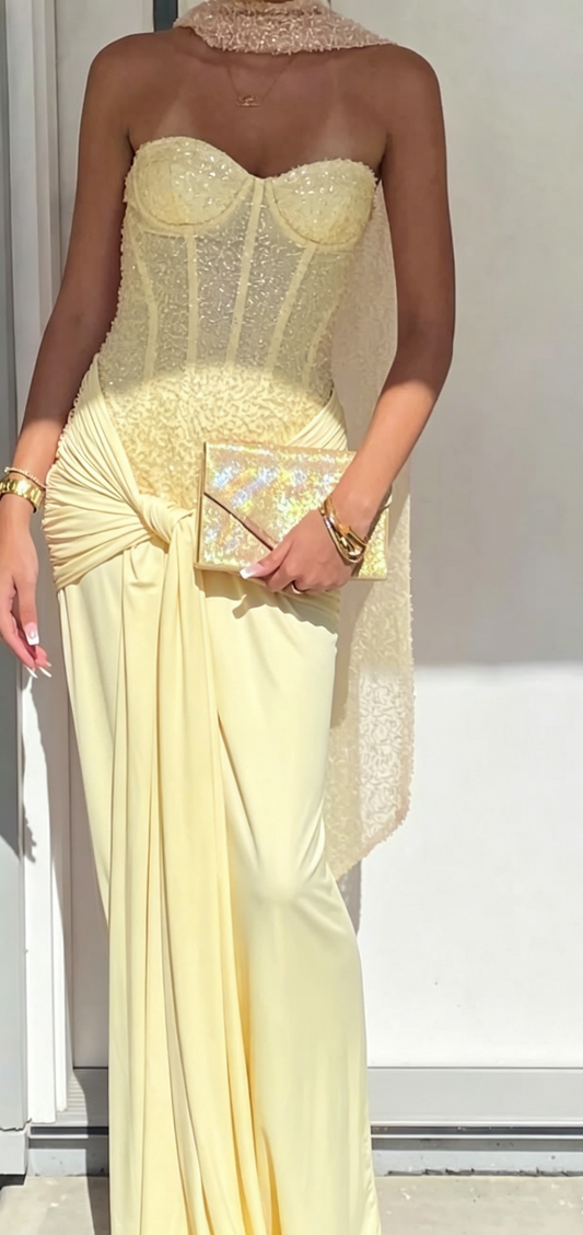 Yellow Wedding Guest Dress Sweetheart Sheath Chiffon Long Evening Dress EW0806