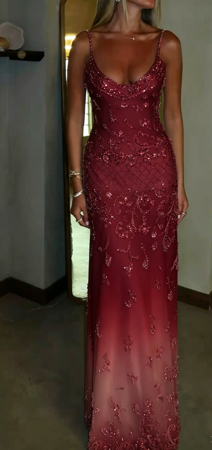 Beaded Burgundy Wedding Guest Dress Spaghetti Straps Sheath Chiffon Long Evening Dress EW0807