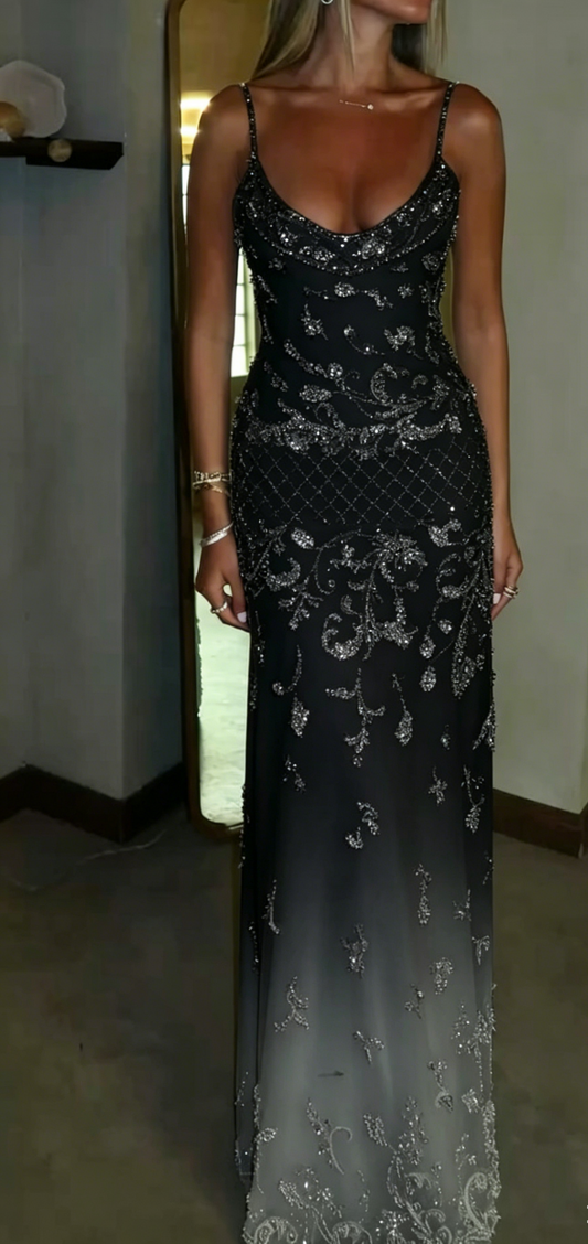 Beaded Burgundy Wedding Guest Dress Spaghetti Straps Sheath Chiffon Long Evening Dress EW0807