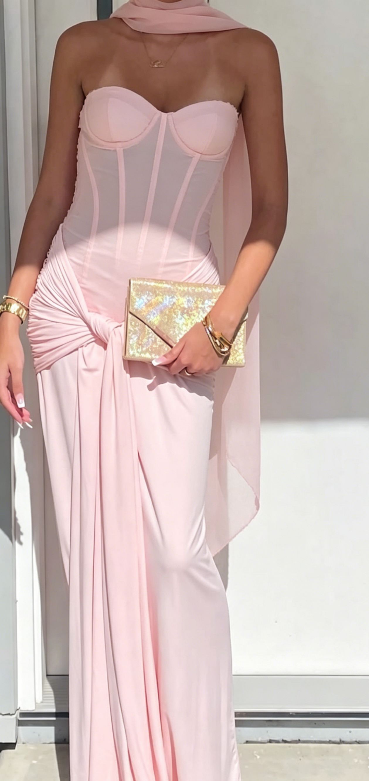 Robe de Demoiselle d'Honneur Rose Cœur Fourreau Mousseline de Soie Longue Robe de Soirée EW0809