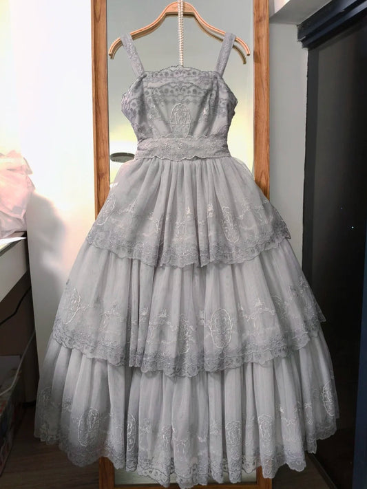 Sweet Straps Ball Gown Lace Prom Dresses, Gray Birthday Dresses EW080