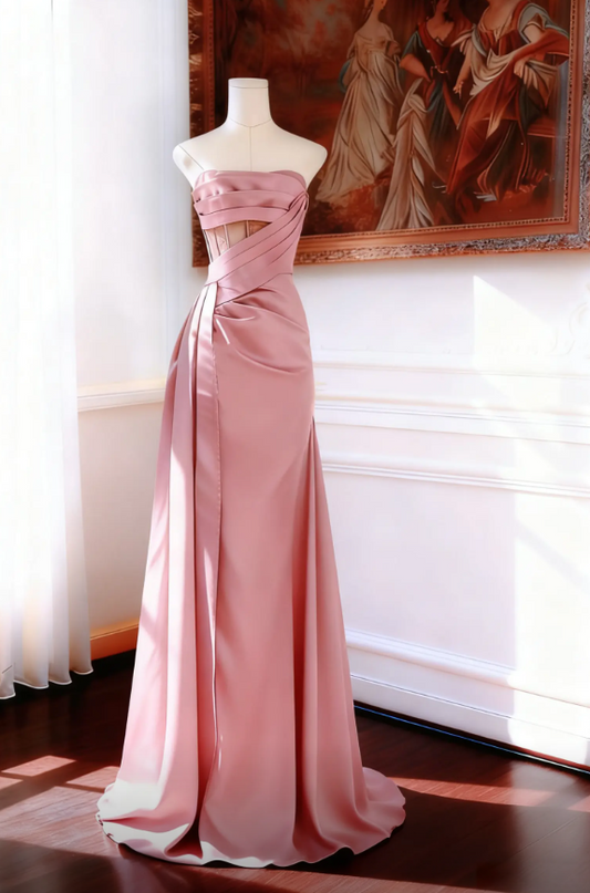 Pink Bridesmaid Dress Strapless Sheath Satin Long Evening Dress EW0813