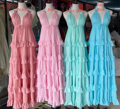 Pink Bridesmaid Dress Halter A-Line Long Evening Dress  EW0815