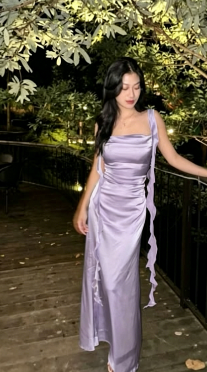Robe de Demoiselle d'Honneur Rose Poudré Bretelles Fines Fourreau Satin Longue Robe de Soirée EW0816