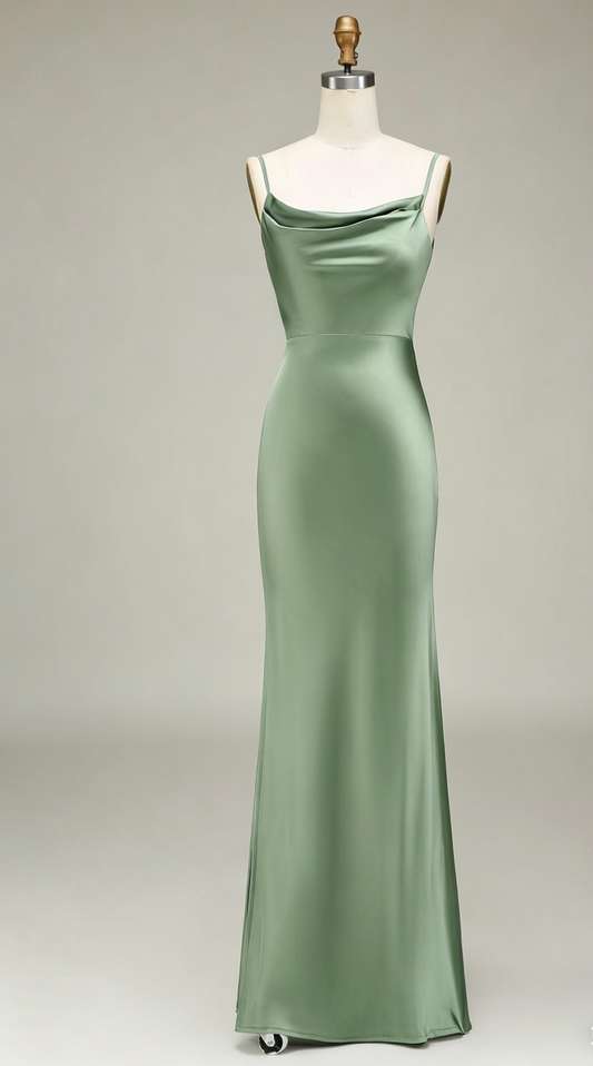 Sage Bridesmaid Dress Satin Sheath Spaghetti Straps Long Evening Dress EW0817